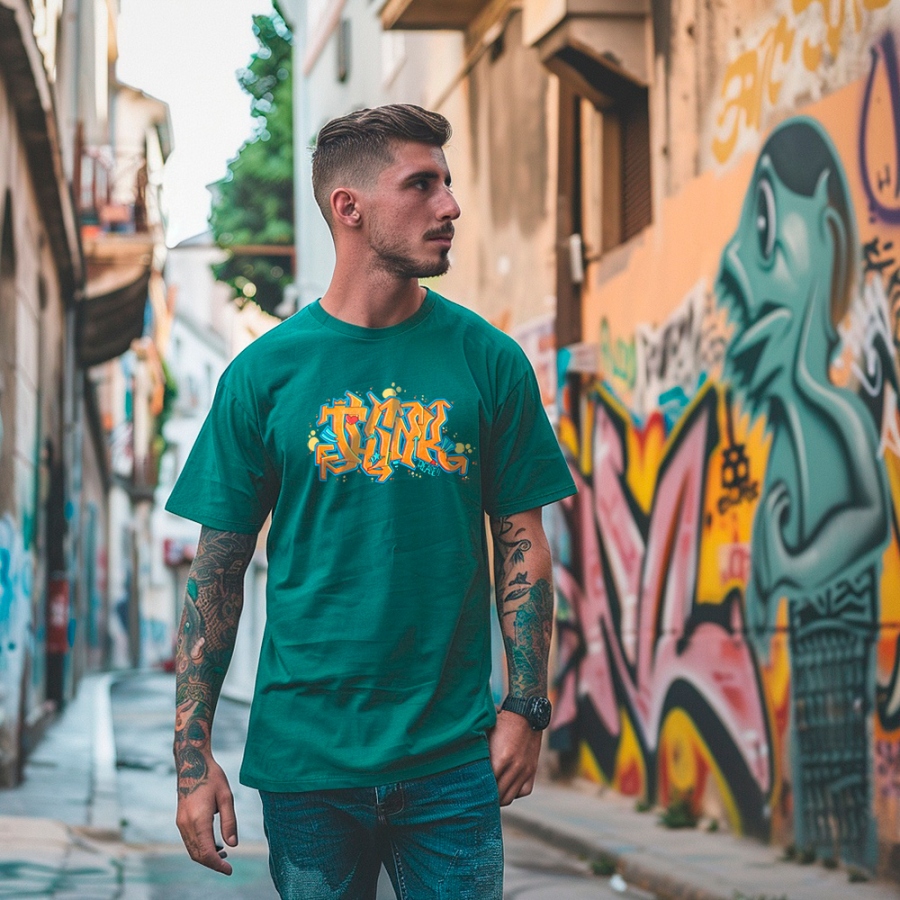 Imagen Generada por IA. Chico llevando nuestra camiseta Graffitti Think Please.
