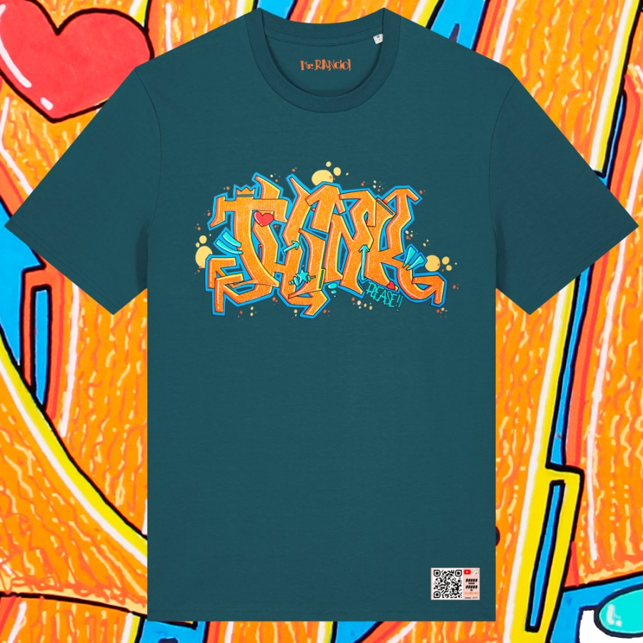 Imagen camiseta graffitti think please. Parte delantera. Clolor verde stargazer