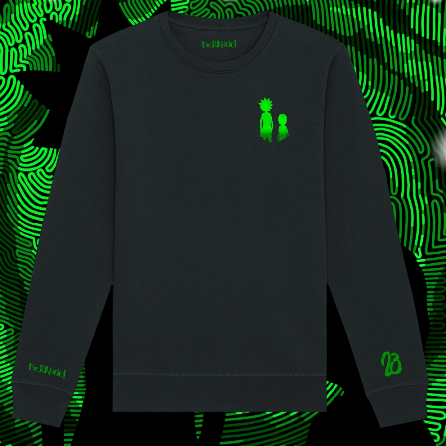 Imagen sudadera Laberintos Rick y Morty sin capucha. Parte delantera. Color negro