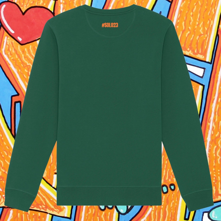 Imagen sudadera ThinkPlease sin capucha. Parte trasera. Color verde botella