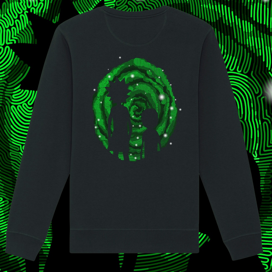 Imagen sudadera Laberintos Rick y Morty sin capucha. Parte trasera. Color negro